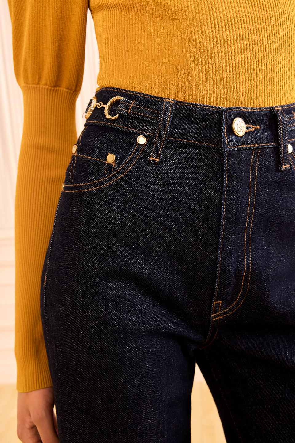 Tigris Denim Jean, Gold Horse-Bit Hardware and Pocket Detail Close-Up | Ulla Johnson