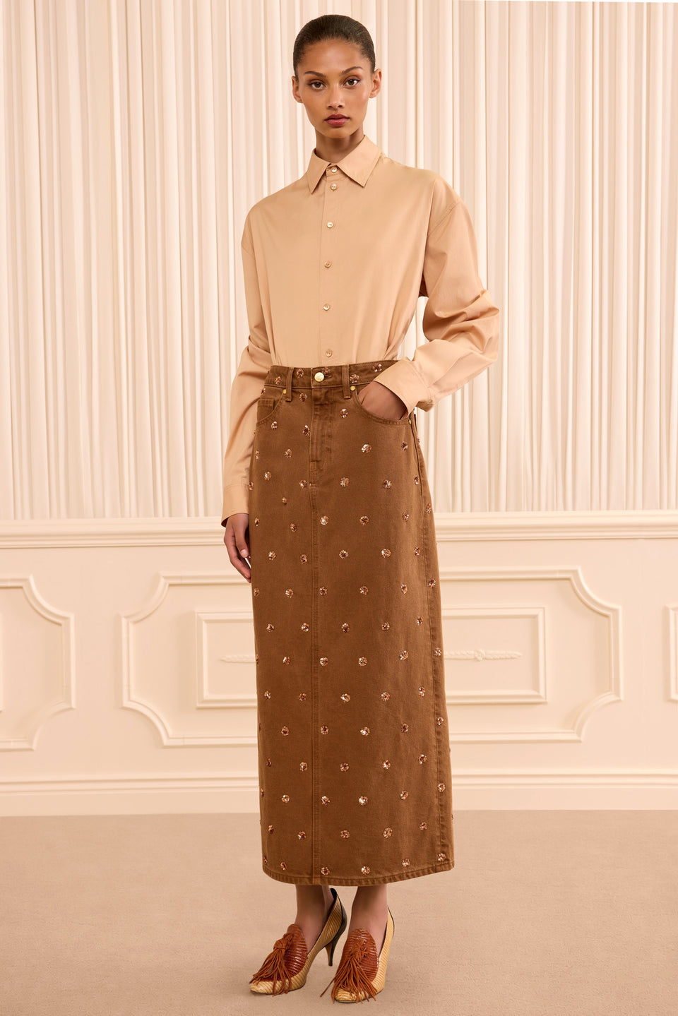 The Verona Embellished Denim Skirt - Embellished Umber