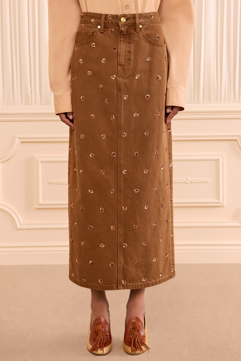 The Verona Embellished Denim Skirt - Embellished Umber