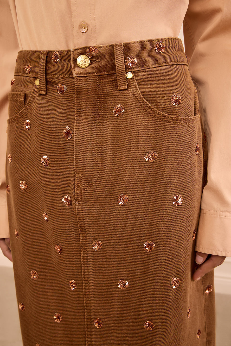 The Verona Embellished Denim Skirt - Embellished Umber