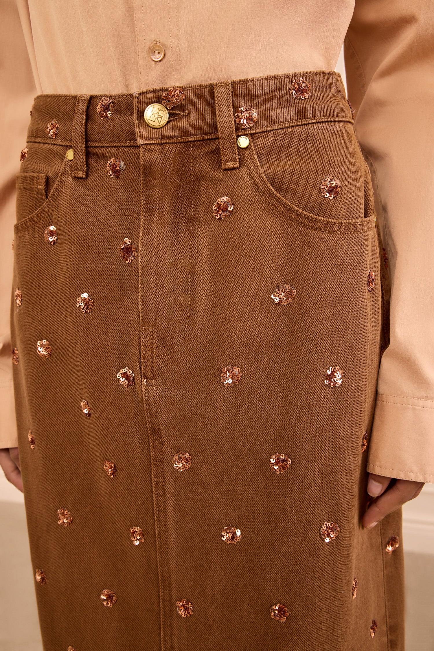 Ulla Johnson The Verona Embellished Denim Skirt - Embellished Umber