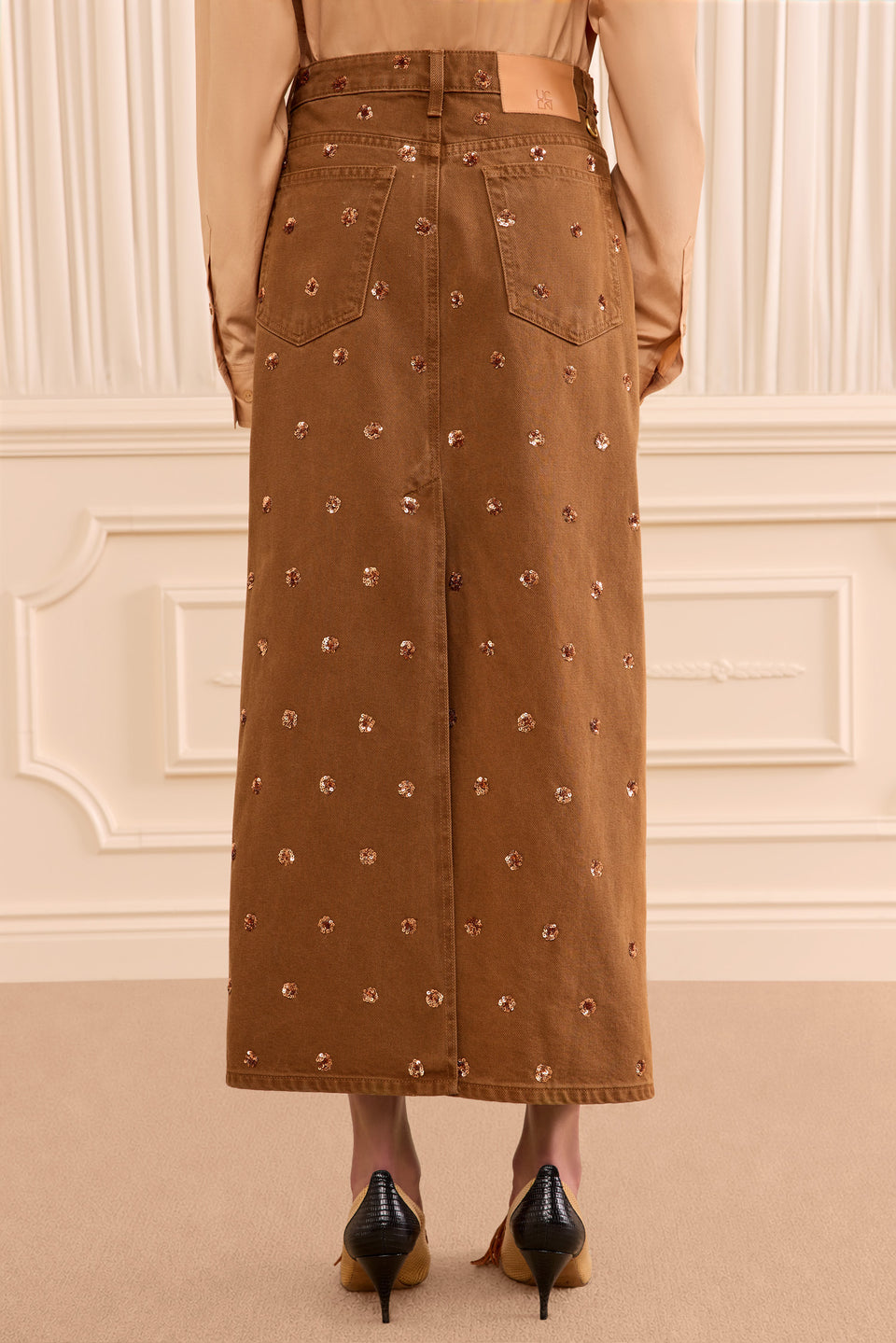 The Verona Embellished Denim Skirt - Embellished Umber