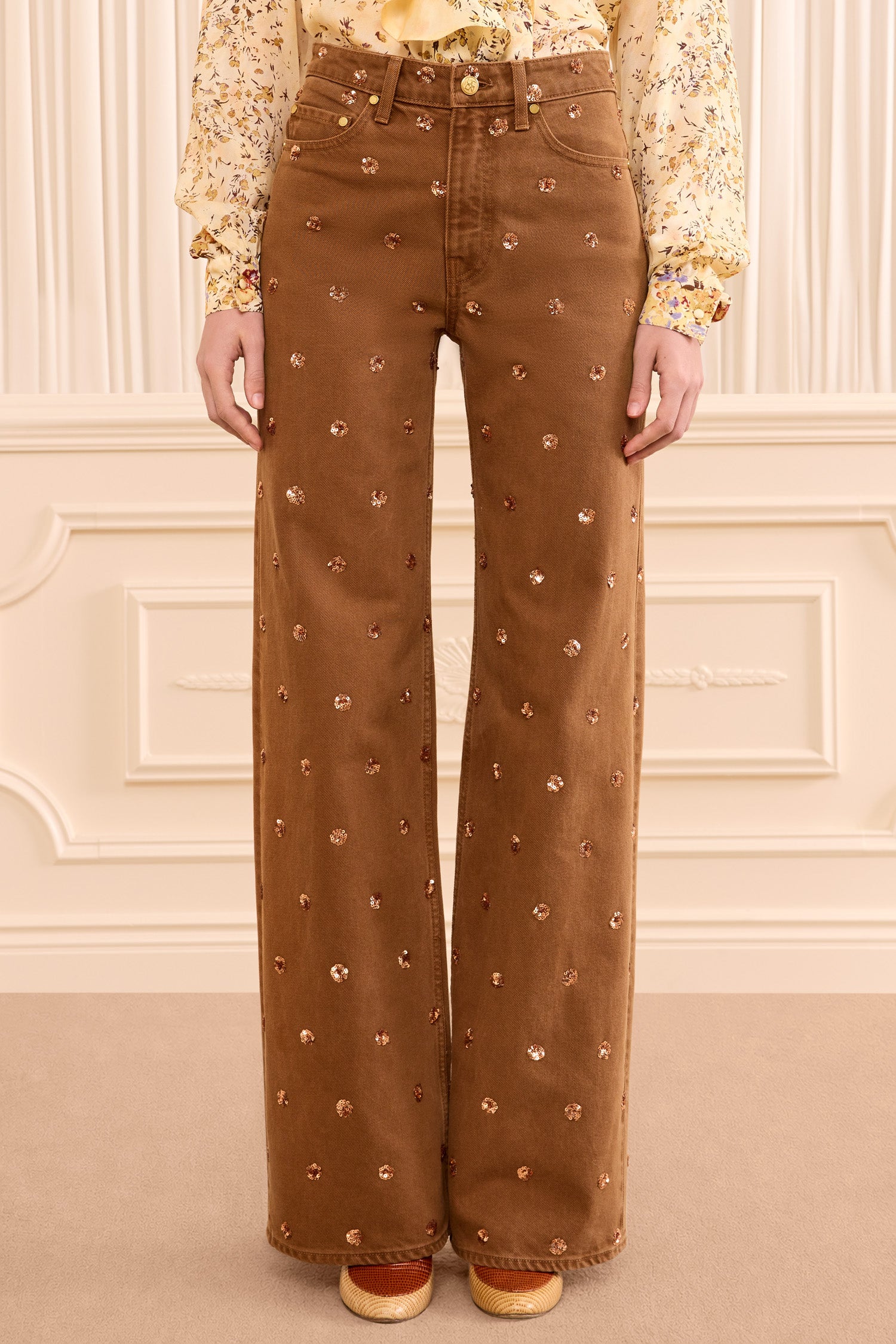 The Willow Embellished Wide Leg Jean - Embellished Umber