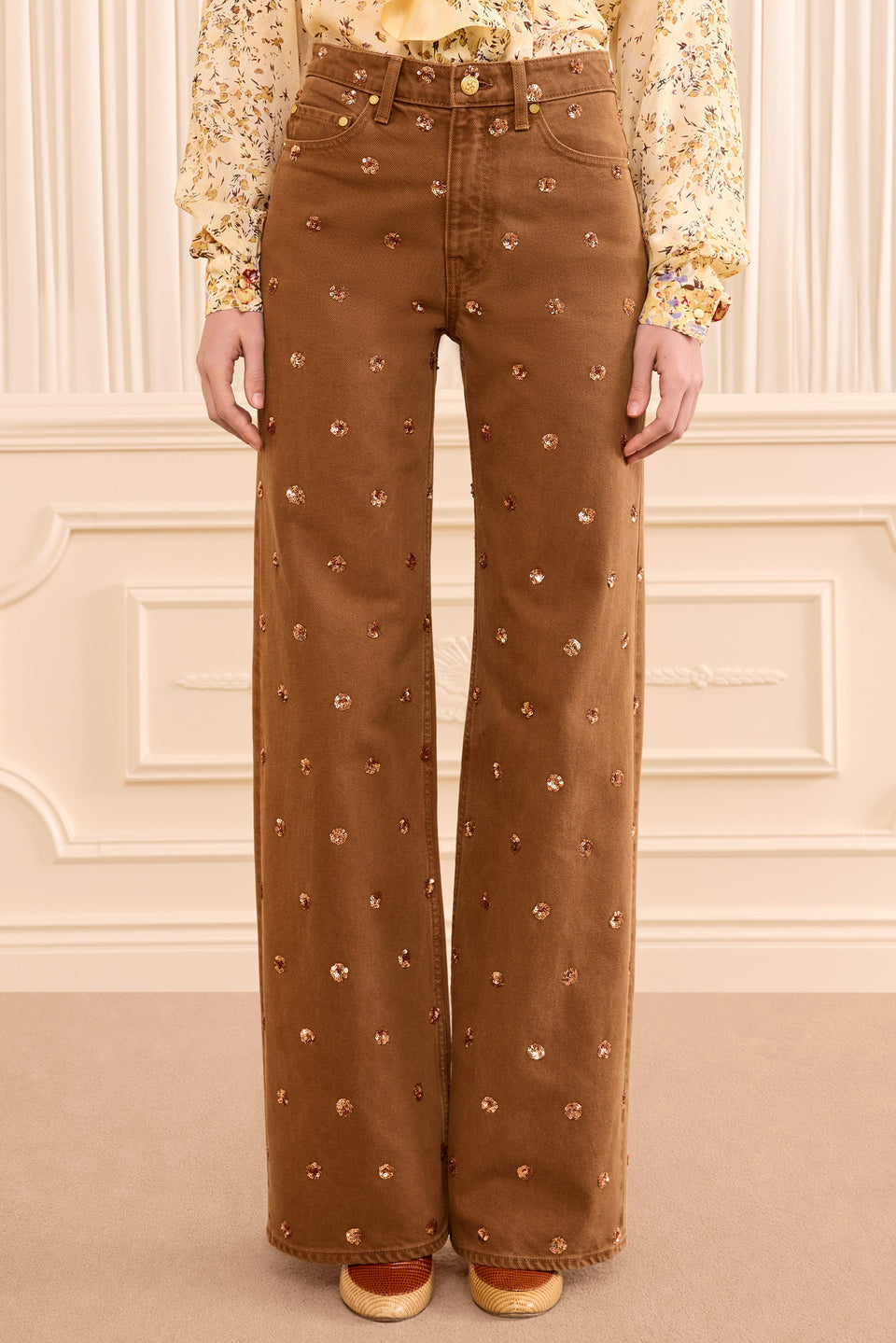 The Willow Embellished Wide Leg Jean - Embellished Umber