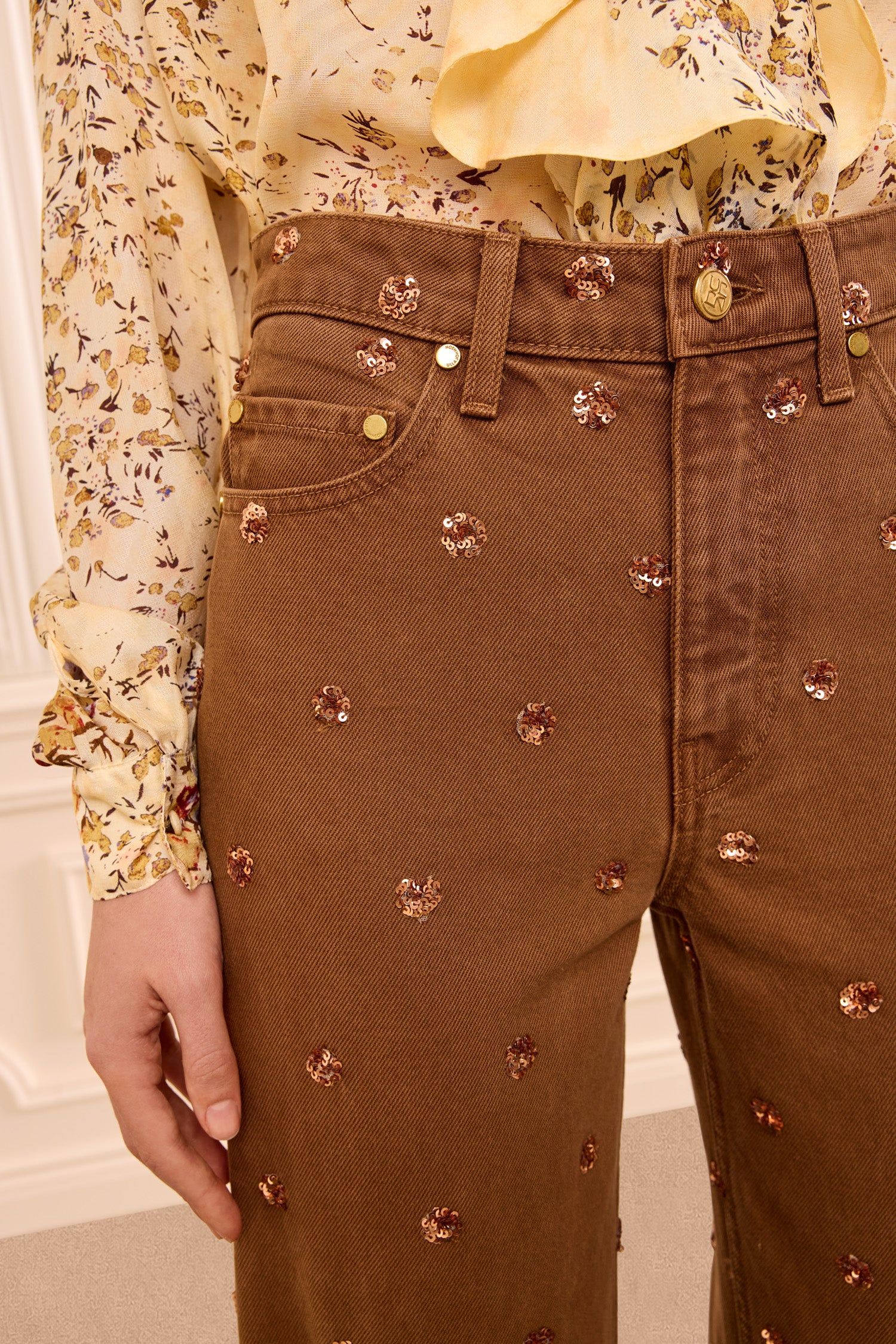 Ulla Johnson The Willow Embellished Wide Leg Jean - Embellished Umber