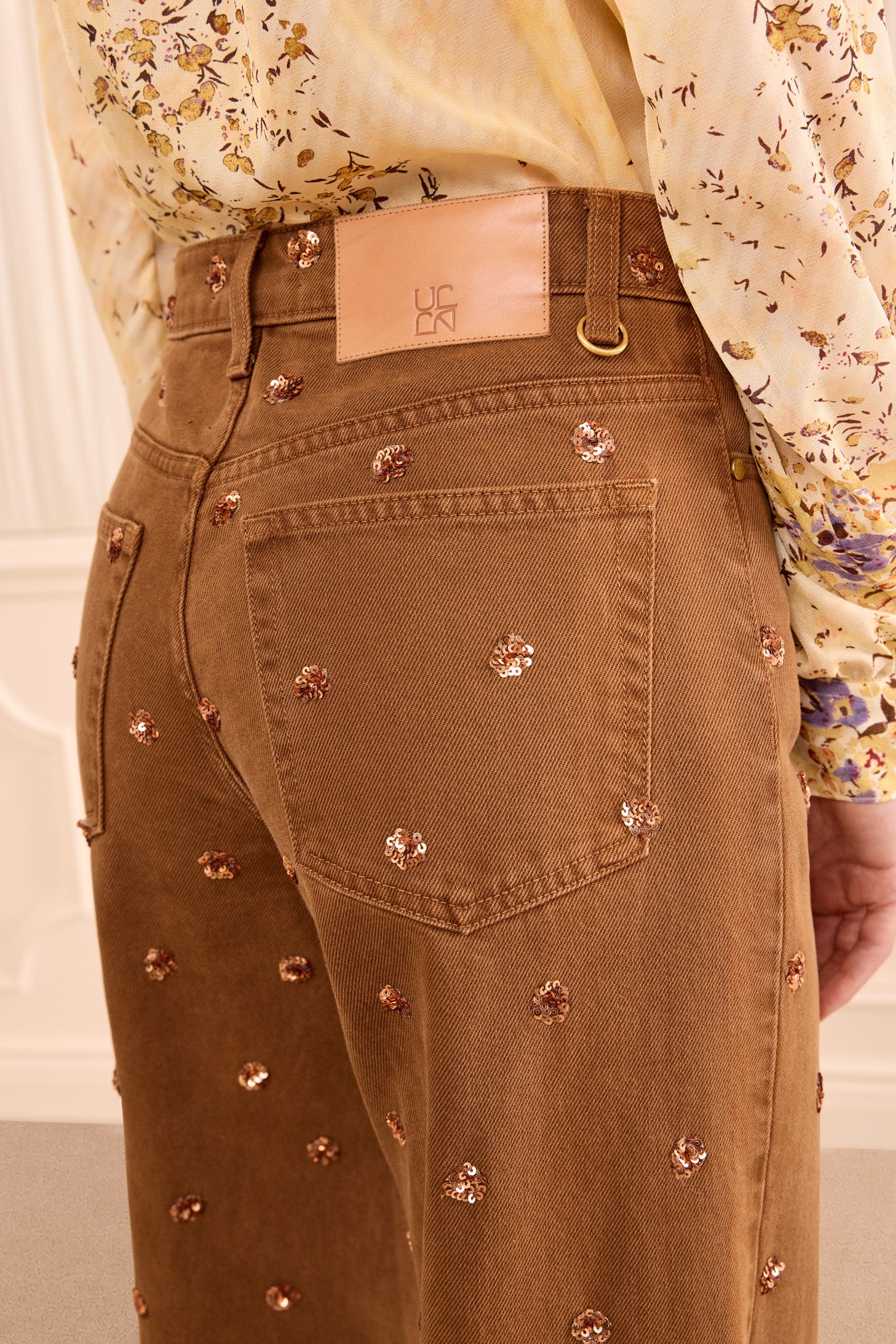 The Willow Embellished Wide Leg Jean - Embellished Umber