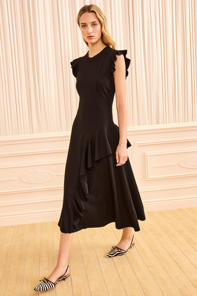 Black Viscose Ponte Flutter Sleeve Midi Dress - Front View, On Model | Ulla Johnson