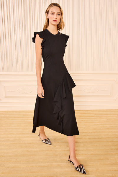 Black Viscose Ponte Ruffle Midi Dress - Three-Quarter Front View, On Model | Ulla Johnson