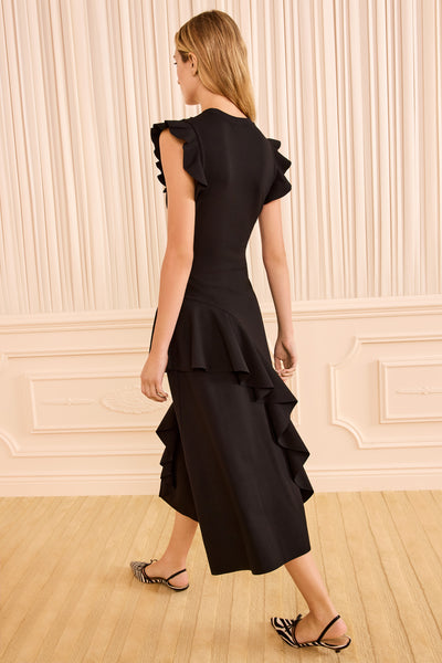 Black Luxury Ponte Flutter Sleeve Dress - Back View with Tiered Ruffle Skirt | Ulla Johnson