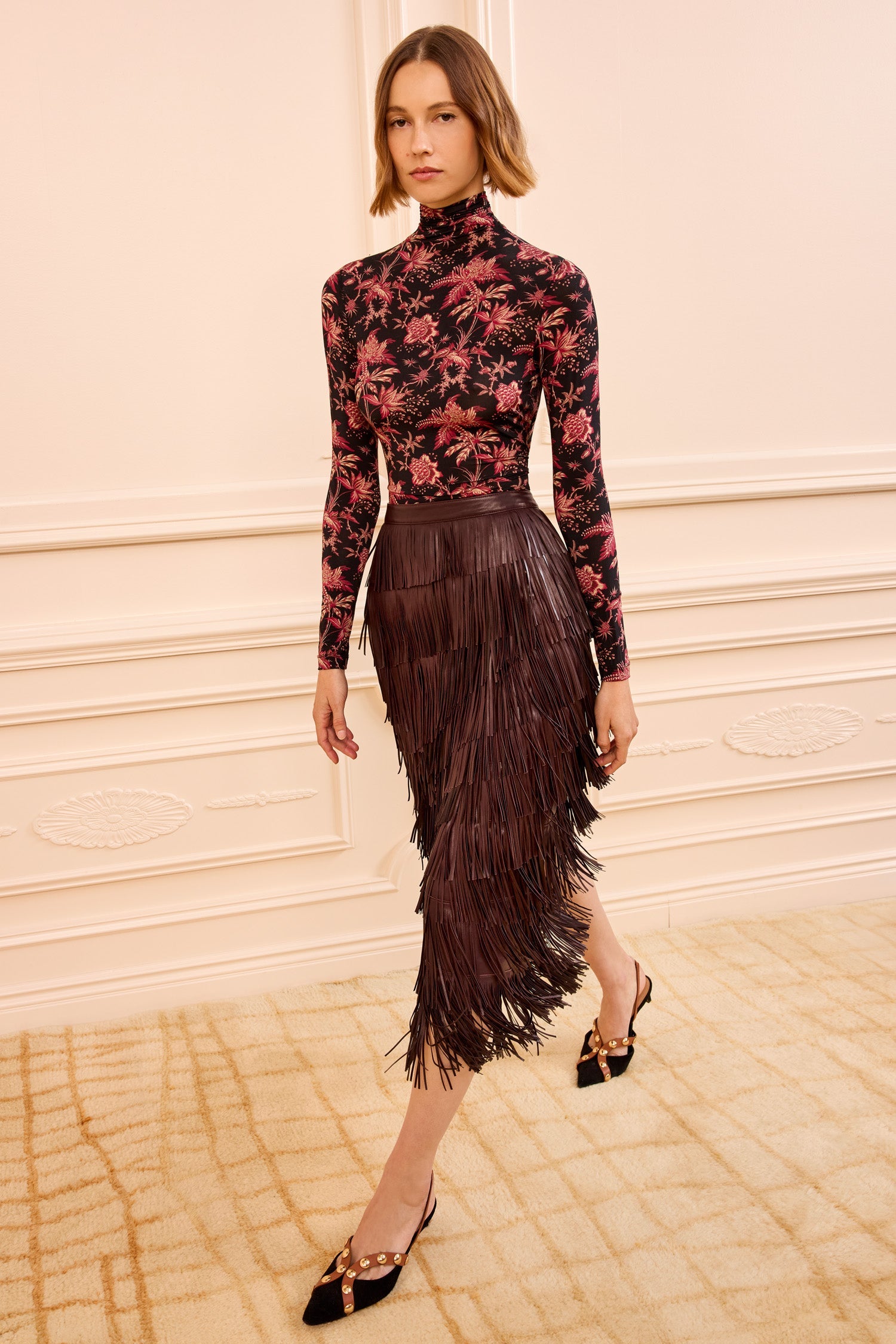 Therese Fringe Leather Skirt Mahogany