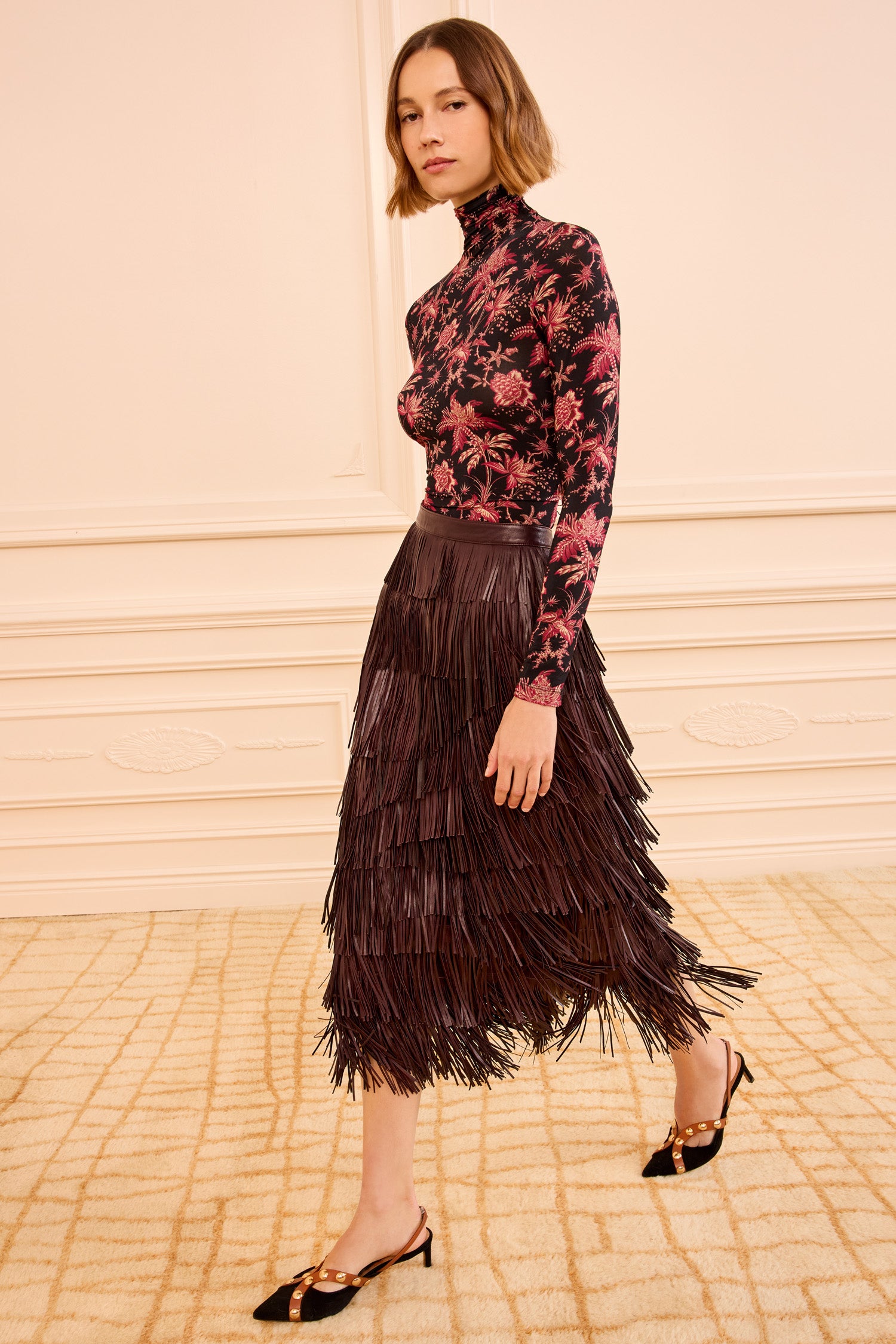 Therese Fringe Leather Skirt - Mahogany