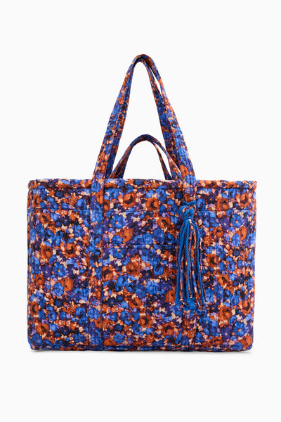 Kali East West Tote - Violet Blue Floral Print Quilted Cotton Tote