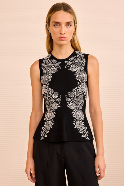 Vanna Jacquard Tank - Noir Black Sleeveless Peplum Tank Top - Ulla