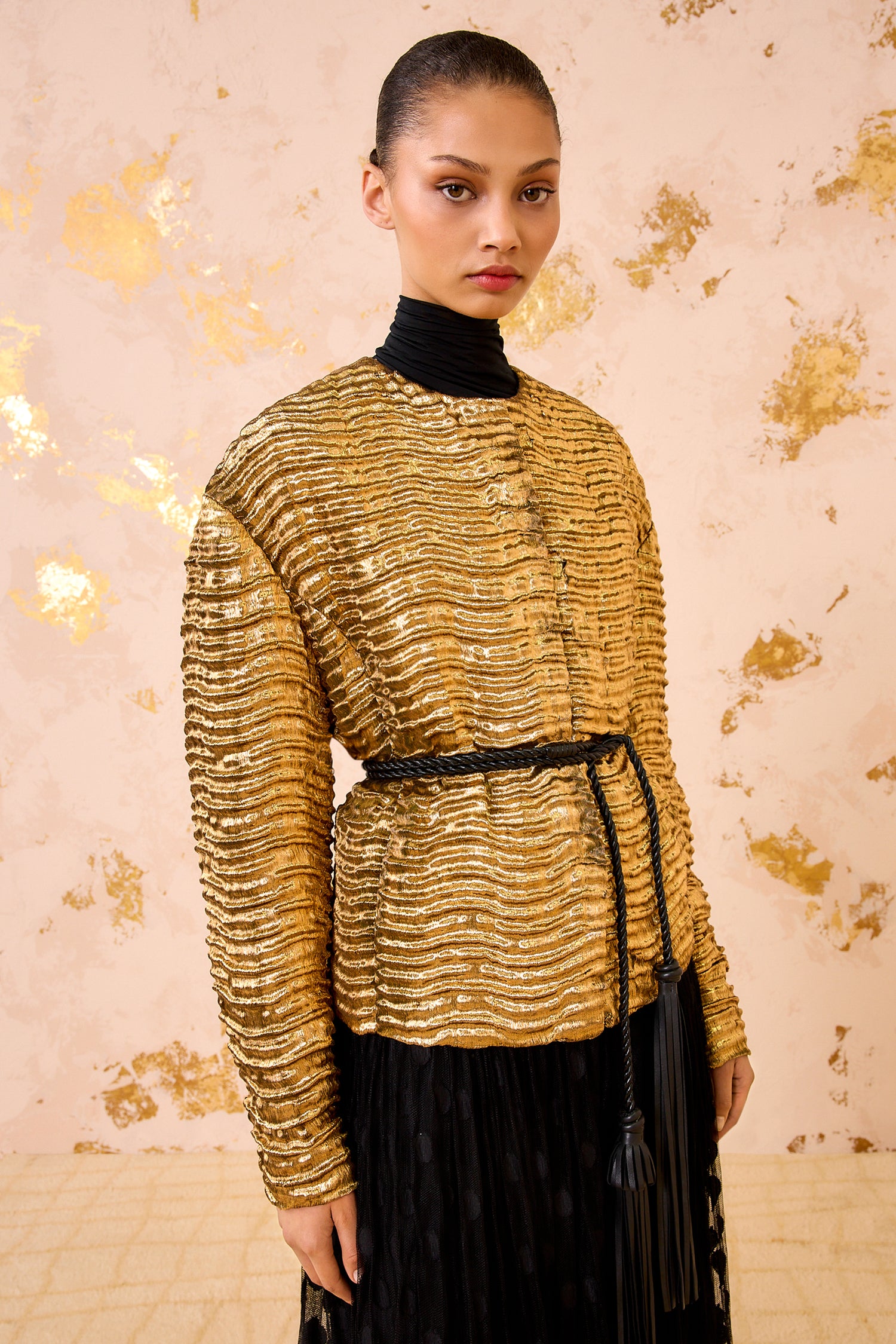 Veeda Metallic Jacket - Oro Gold Wave Textured Boxy Jacket - Ulla