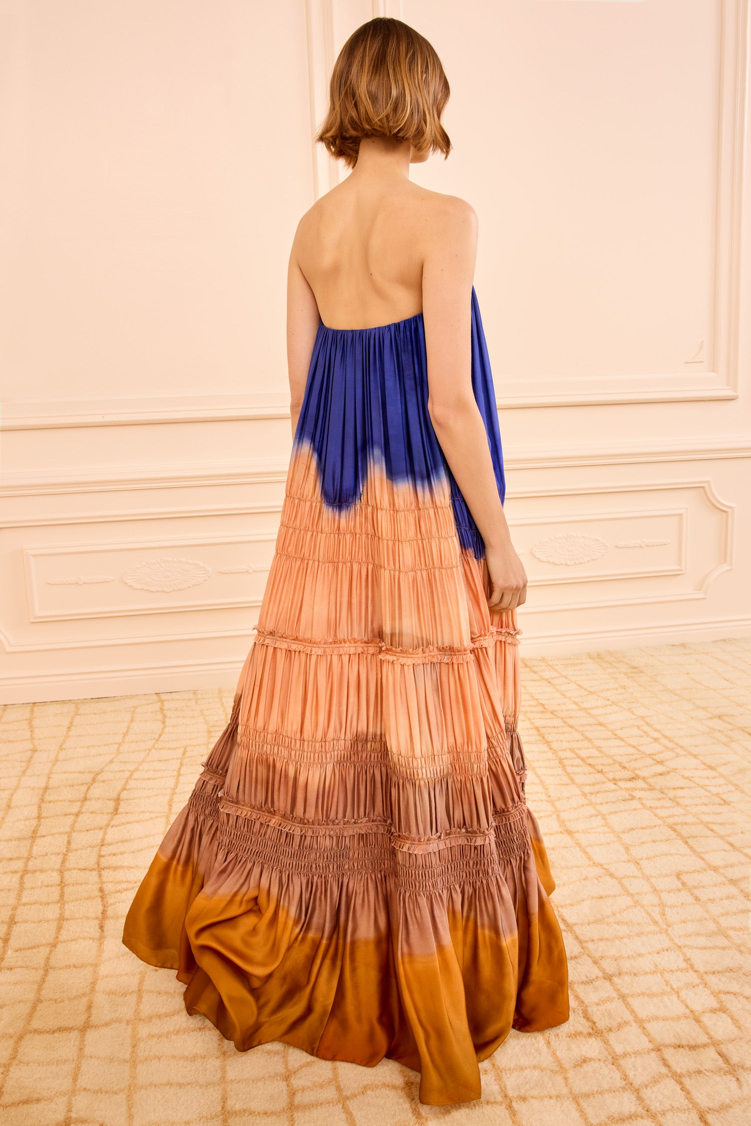 Veil Strapless Silk Gown - Moontide Sunset Colored Ruched Floor
