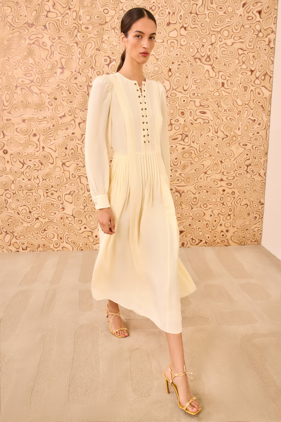 Veria LS Lace Front Midi Dress - Cowrie