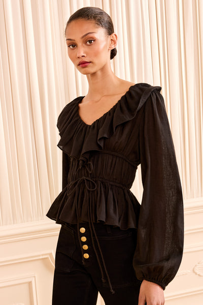 Noir Cotton Gauze Ruffle Blouse - Front View On Model | Ulla Johnson