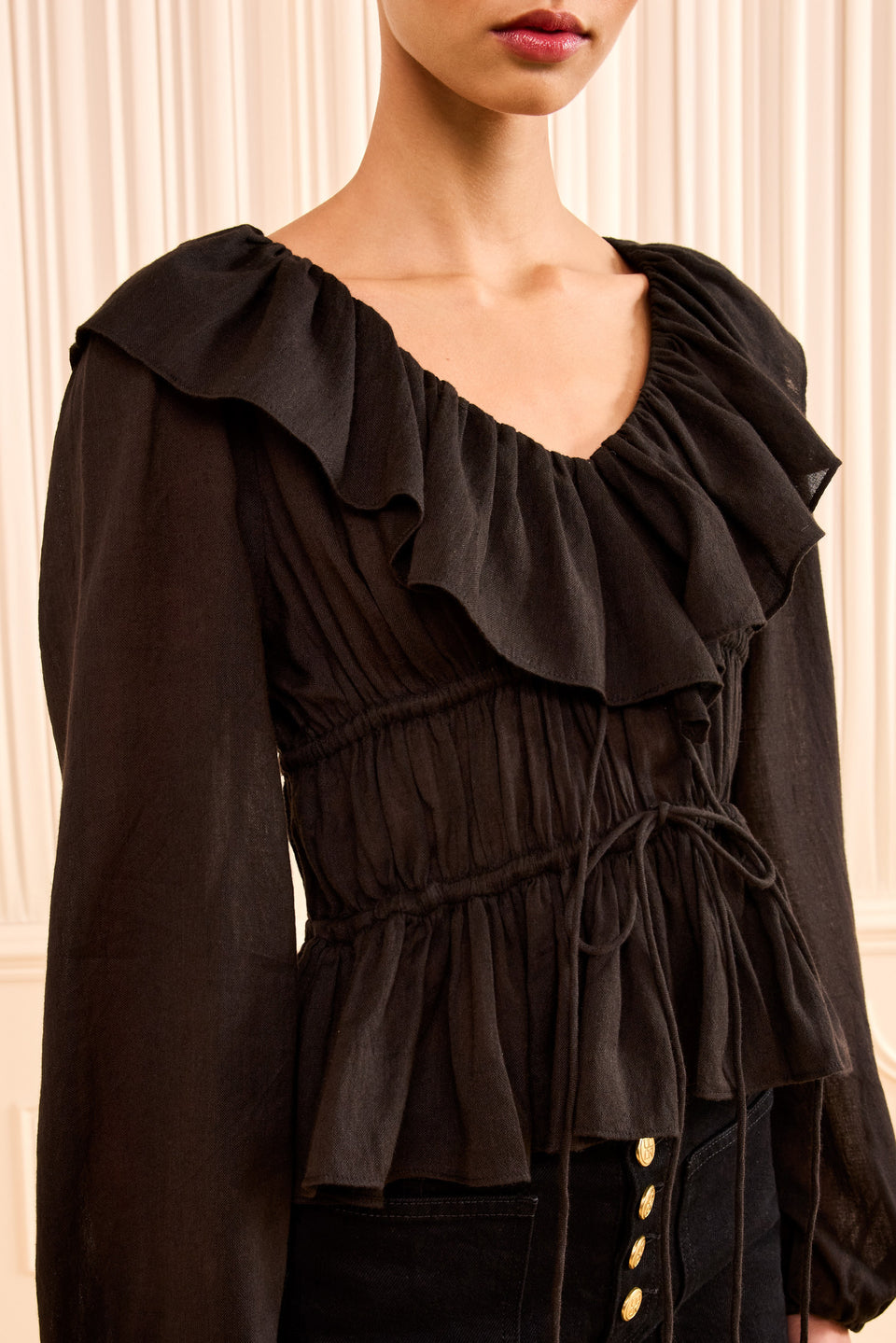 Noir Cotton Blend Peplum Top - Ruffle Neckline Detail Close-Up | Ulla Johnson