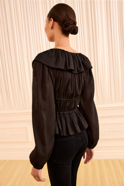 Noir Cotton Wool Blend Peplum Top - Back View On Model | Ulla Johnson