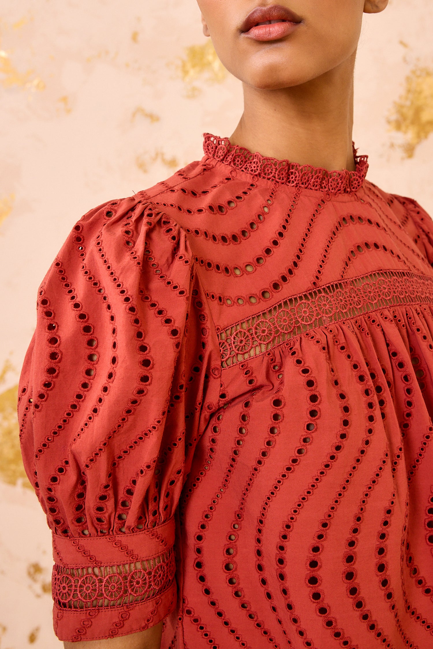 Ulla Johnson Virginia Lace Collar Short Sleeve Blouse - Claret