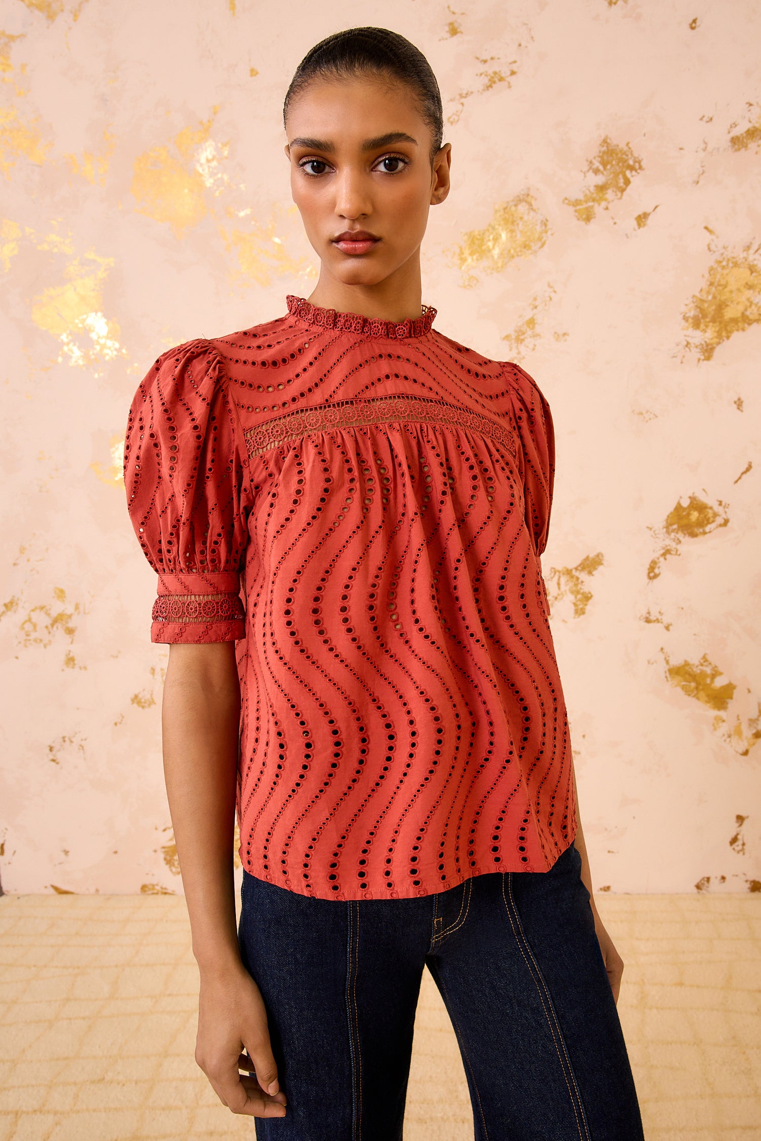 Ulla Johnson Virginia Lace Collar Short Sleeve Blouse - Claret