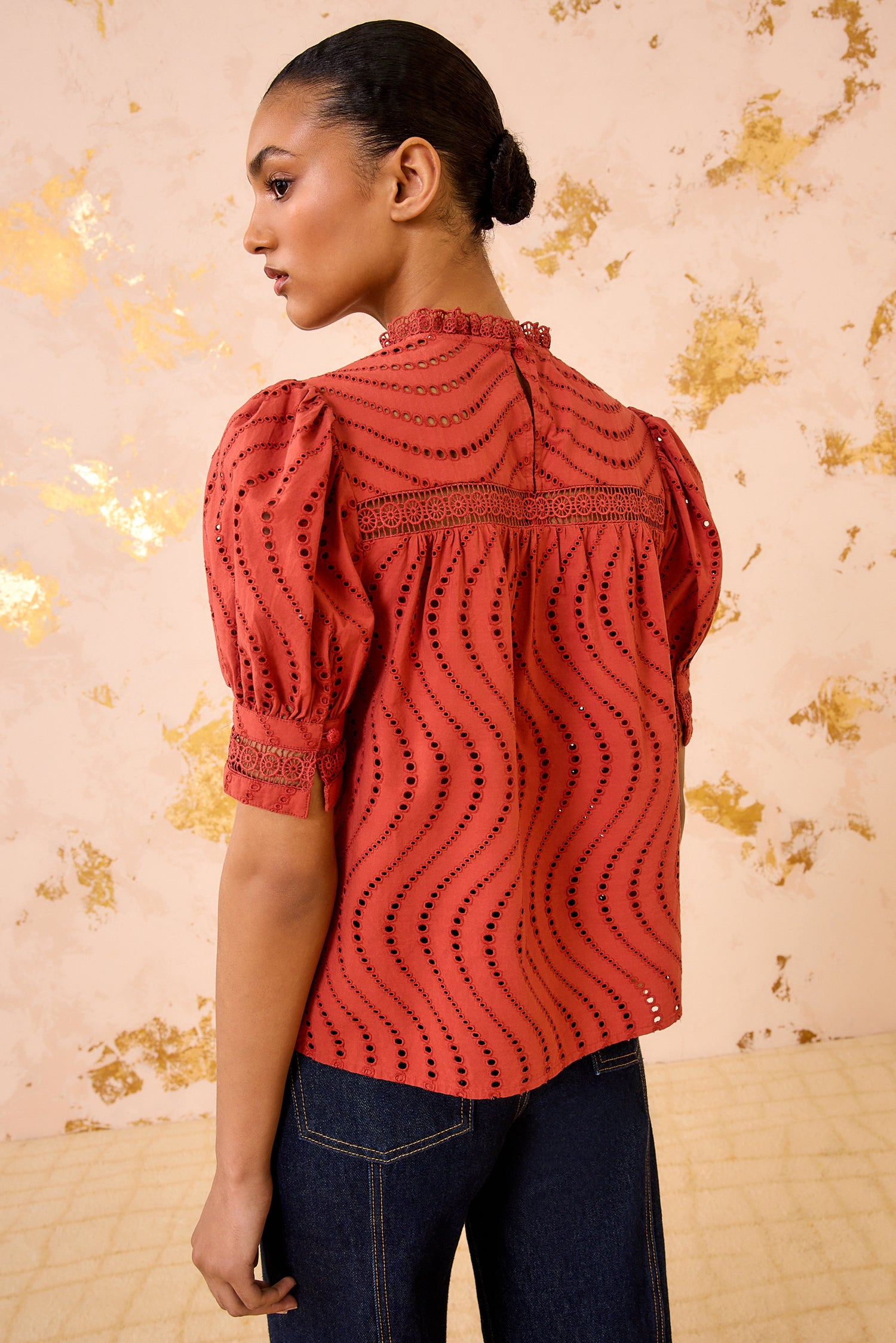 Ulla Johnson Virginia Lace Collar Short Sleeve Blouse - Claret