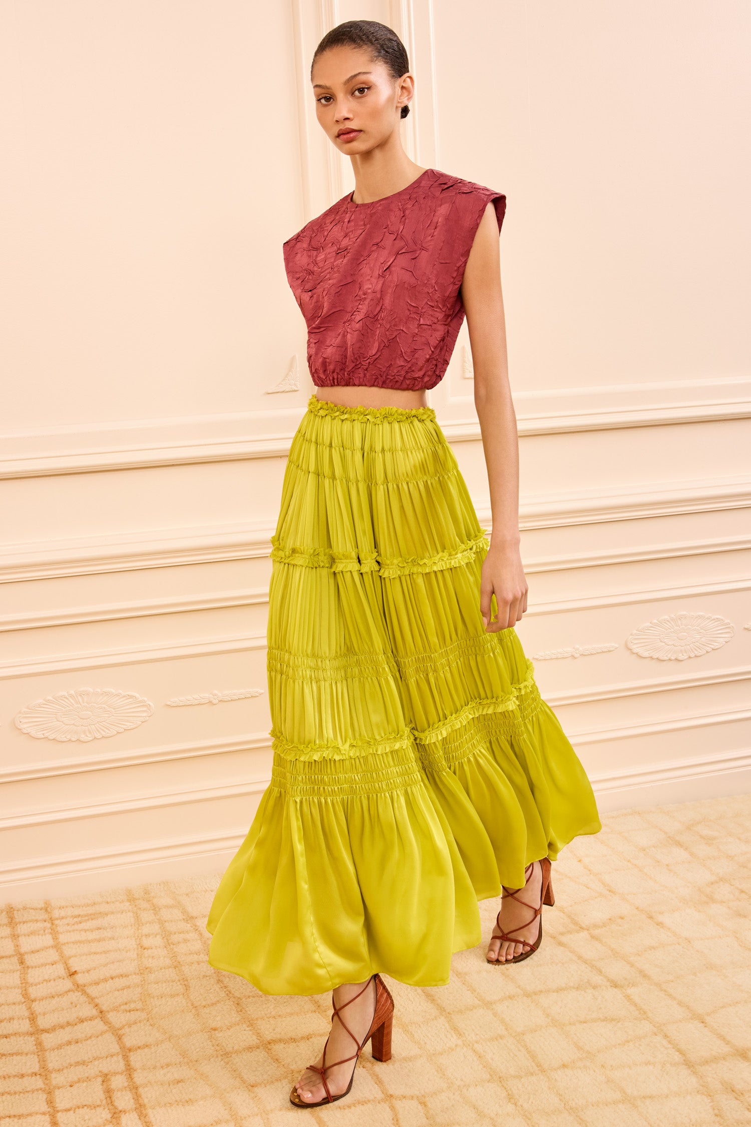 Virginie Silk Skirt - Chartreuse Green Tiered Midi Skirt - Ulla