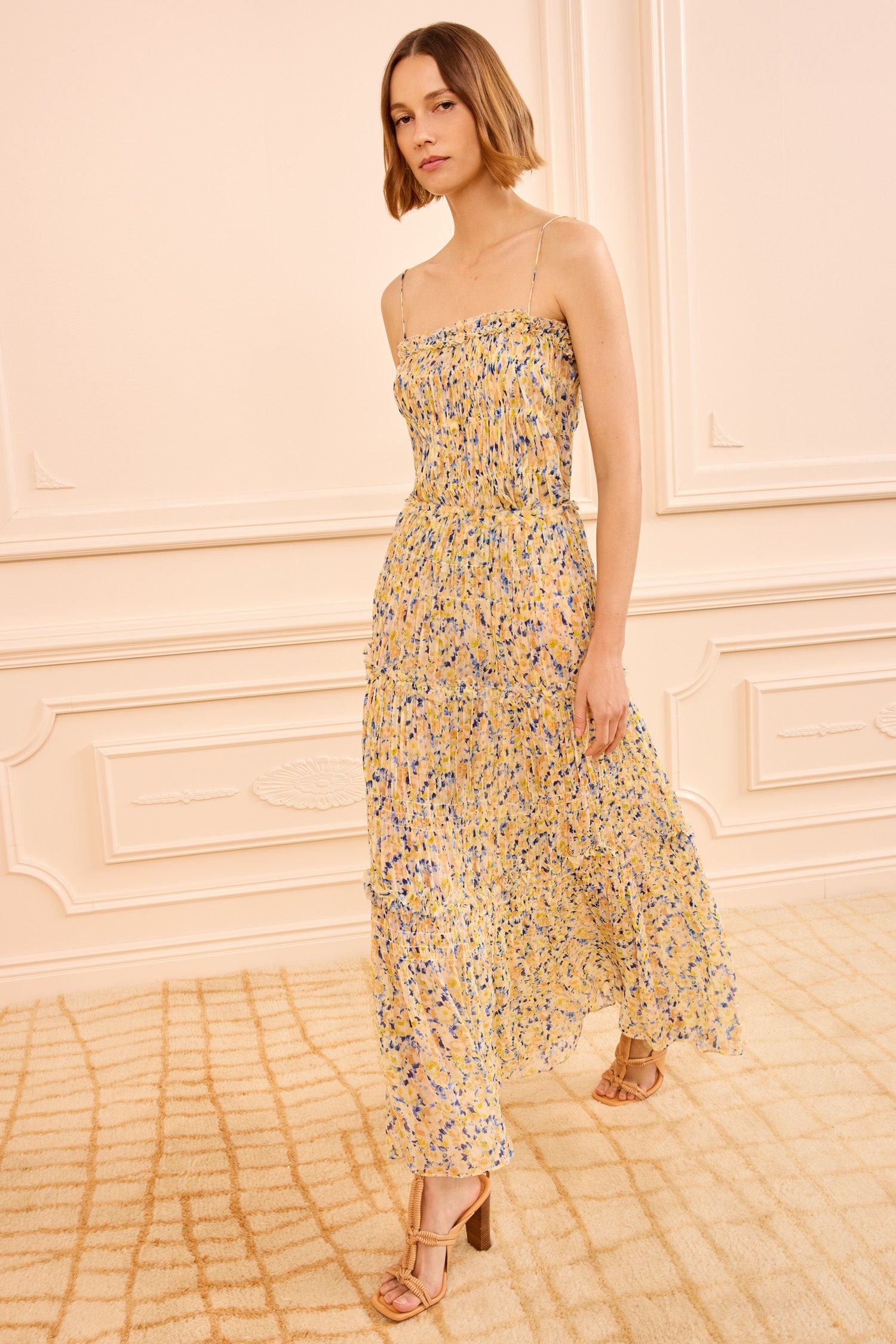 Virginie Silk Skirt - Daffodil Floral Print Tiered Midi Skirt
