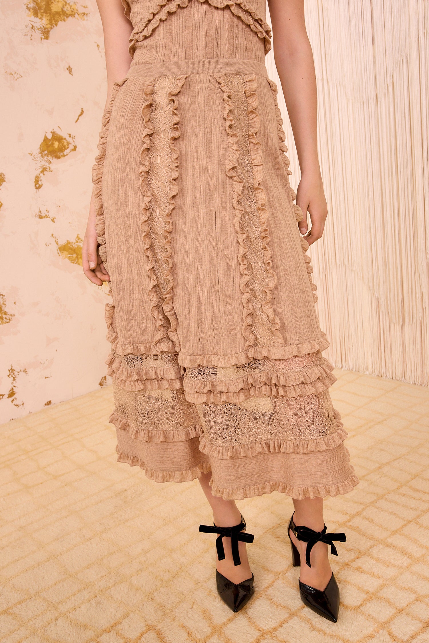 Vivian Knit High Waist Midi Skirt - Camel Melange