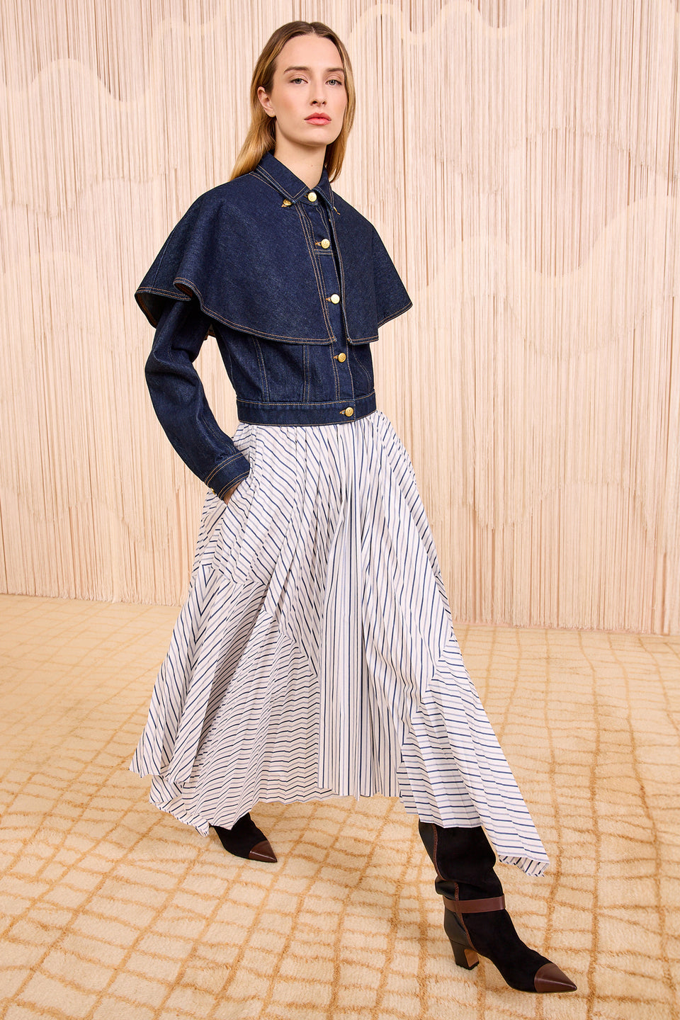 Yasna High Waist Asymmetrical Midi Skirt - Chalk Stripe