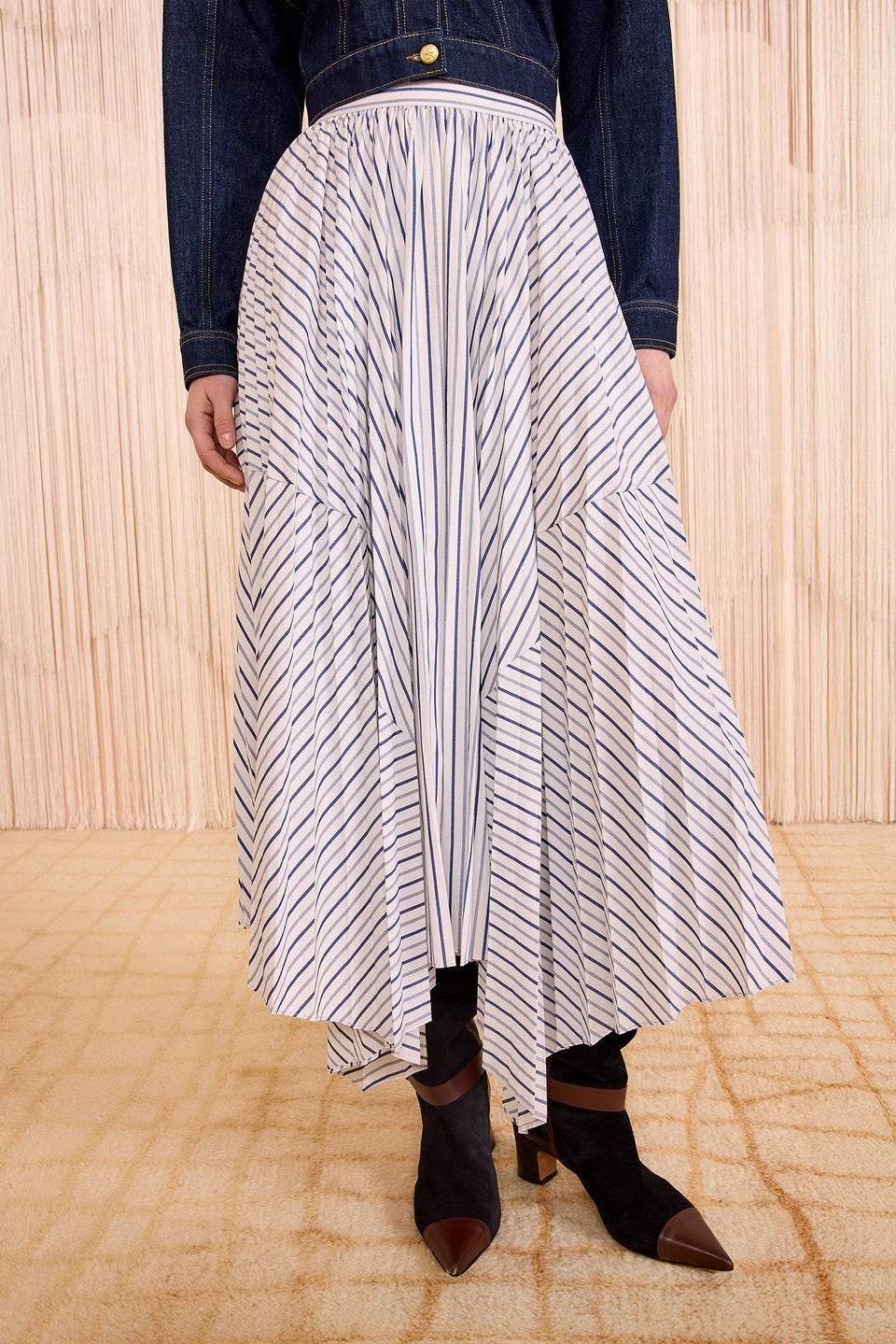 Yasna High Waist Asymmetrical Midi Skirt - Chalk Stripe