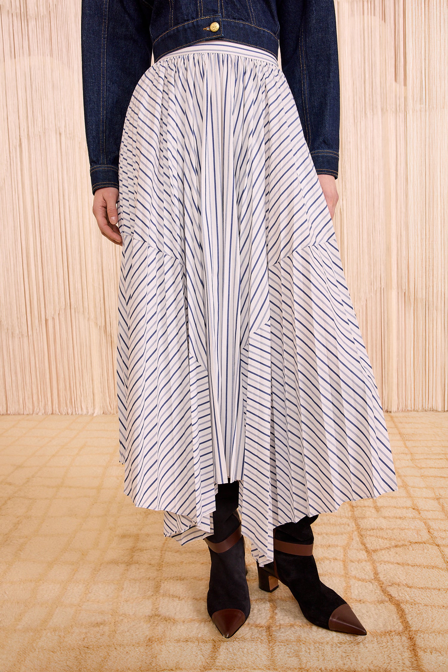 Ulla Johnson Yasna High Waist Asymmetrical Midi Skirt - Chalk Stripe