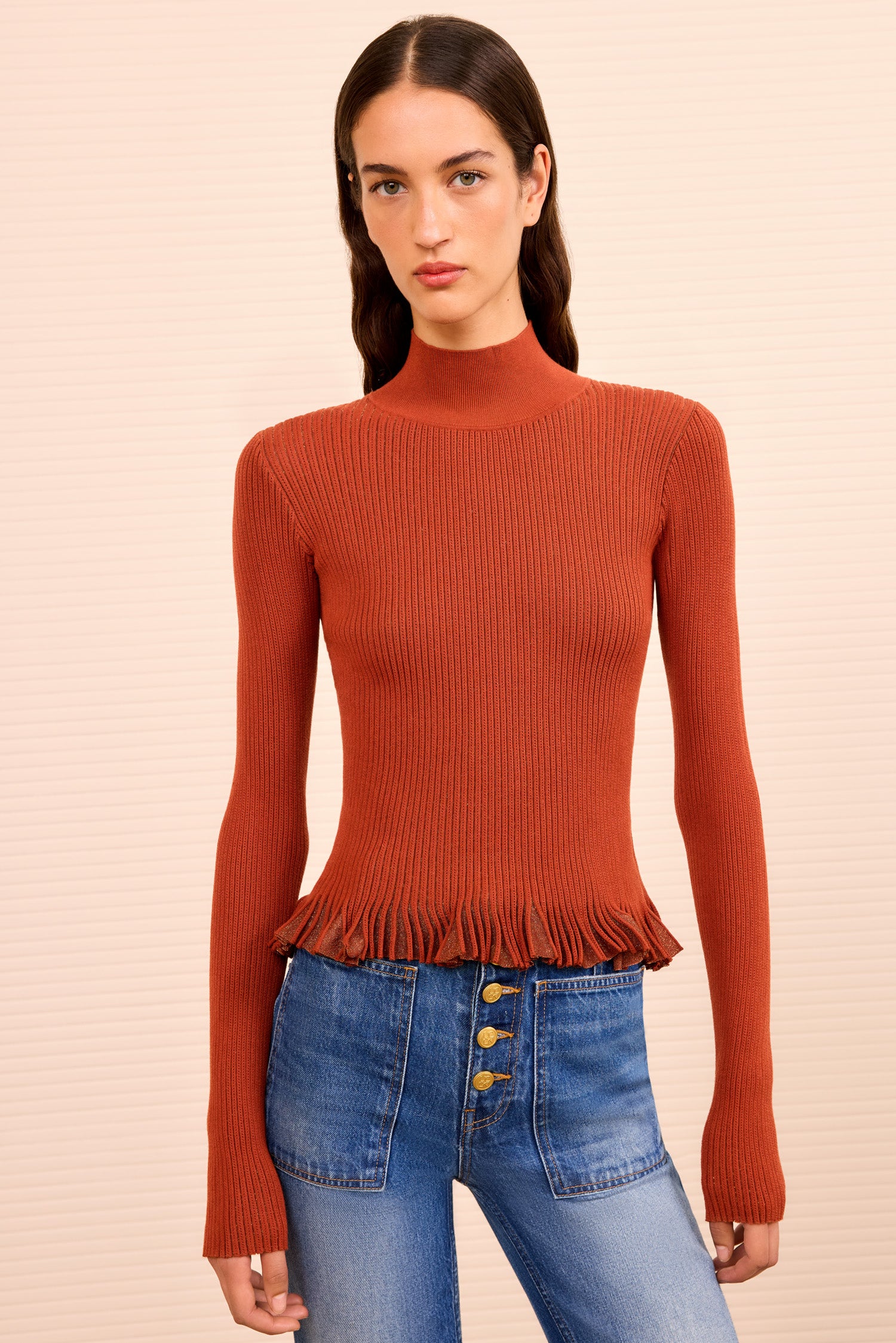 Yulia Ruffle Turtleneck Top - Copper
