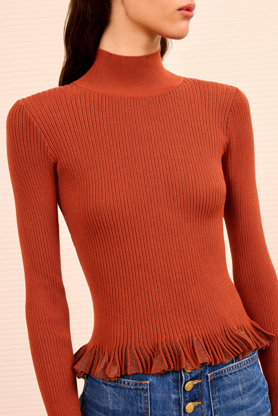 Yulia Ruffle Turtleneck Top - Copper