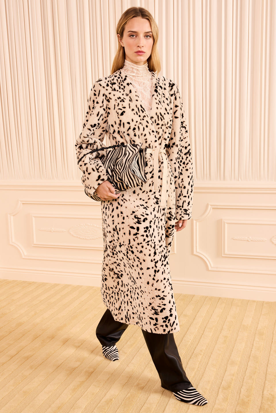 Wilden Spotted Shearling Coat, Belted Maxi Length - Front View | Ulla Johnson