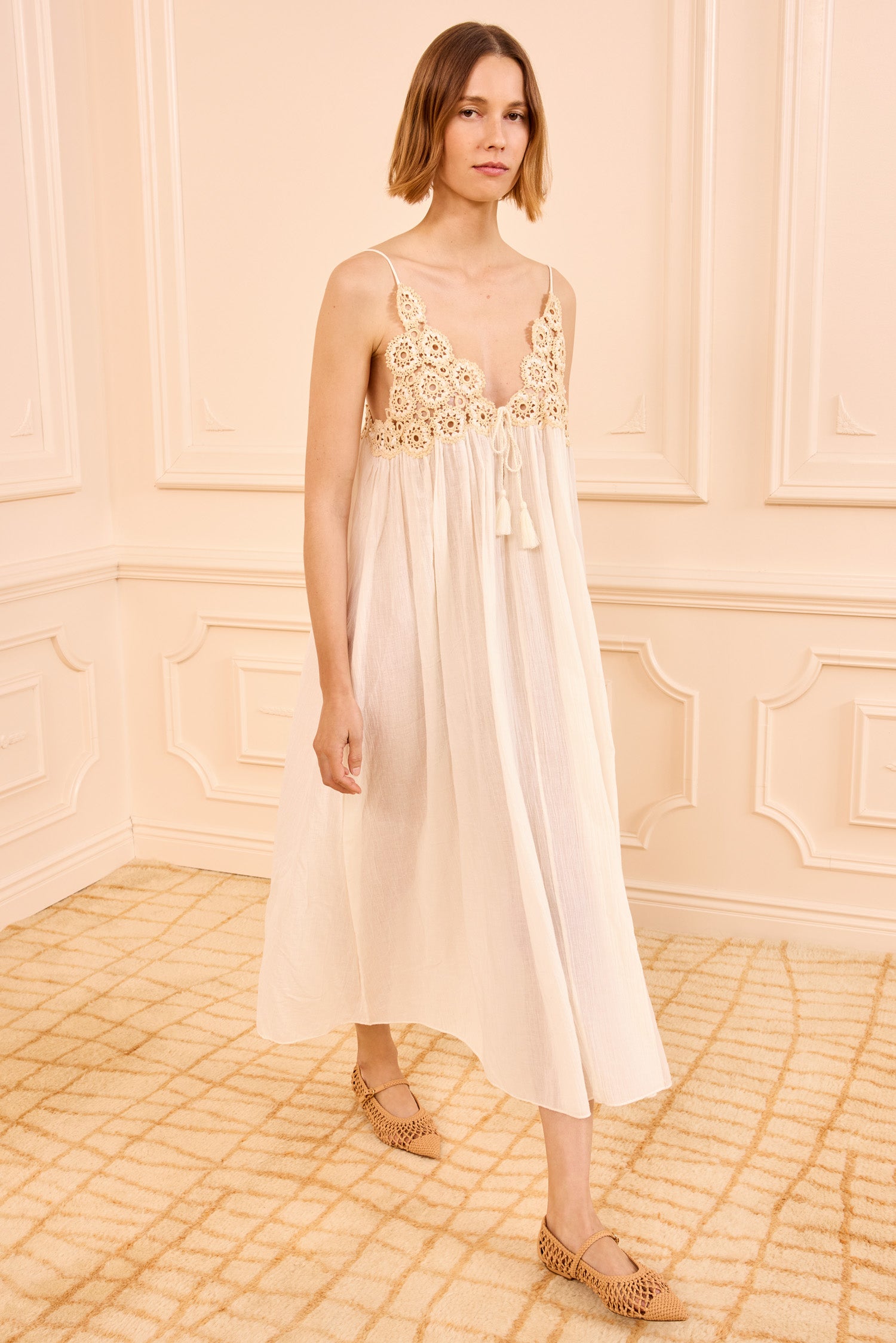 Ulla Johnson | Women's Zadie Dress Coverup with Crochet Detail in Beige White Cotton Beach Coverup - Size Petite