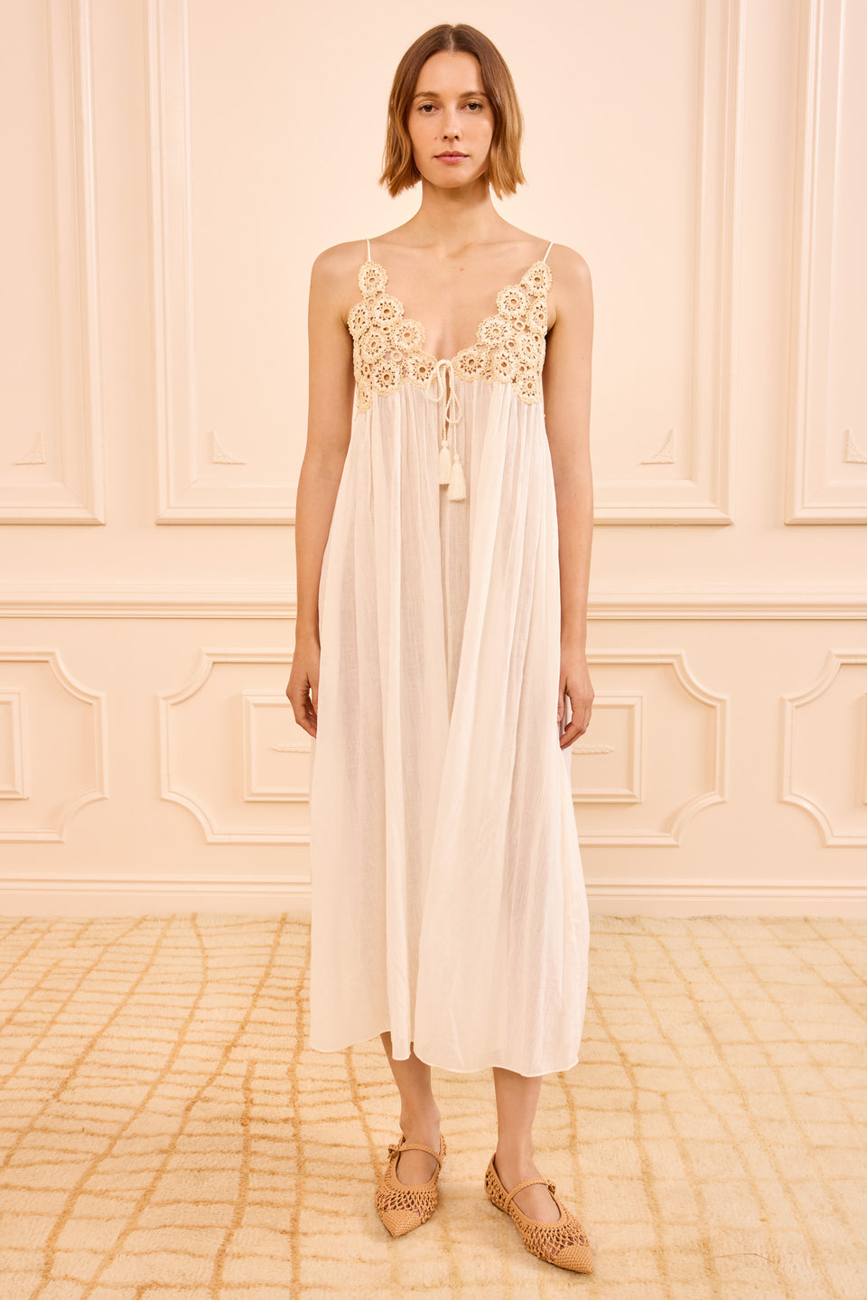 Zadie Dress Coverup with Crochet Detail - Creme