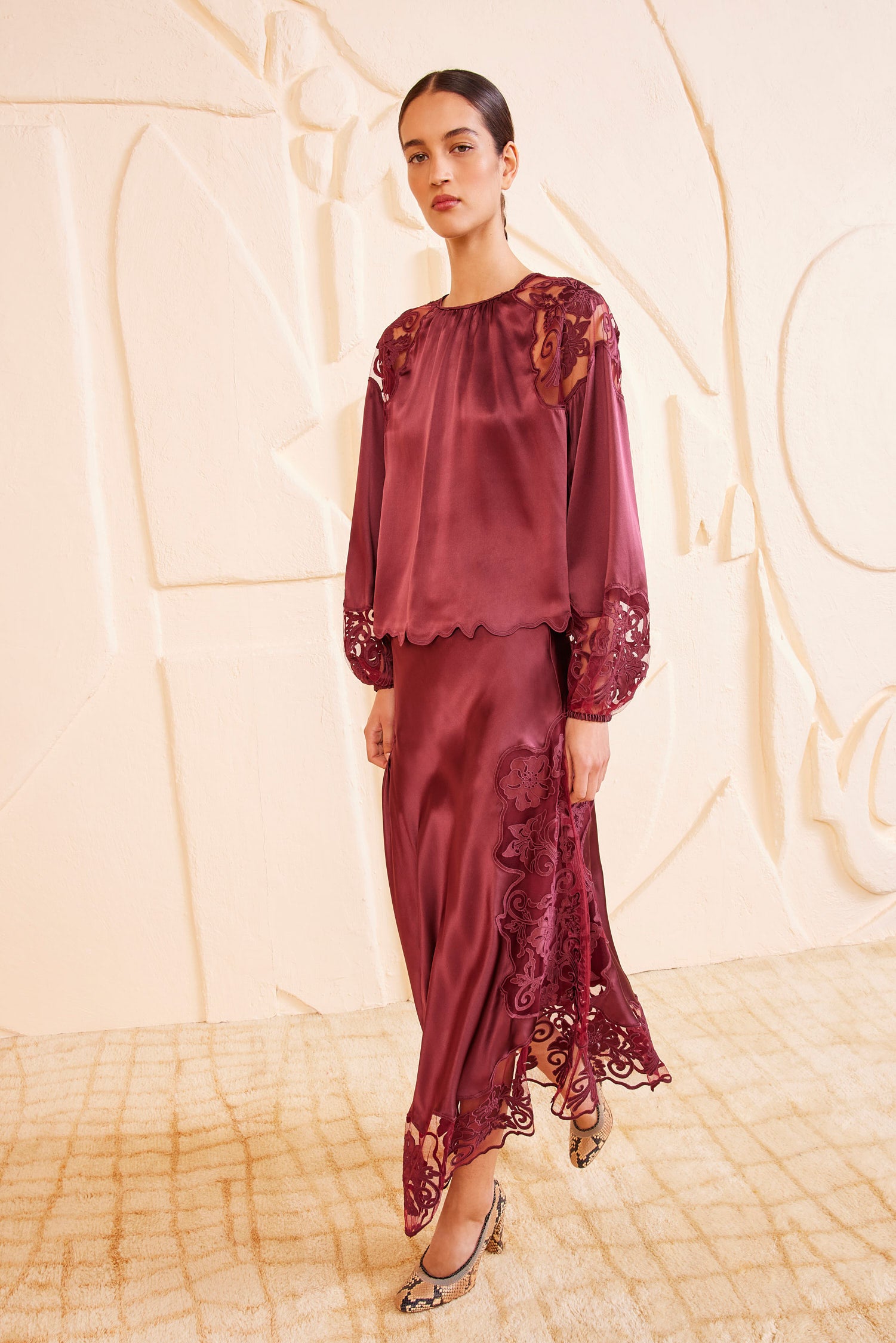 Cressida Skirt - Amethyst Red Burgundy Silk Lace Midi Skirt