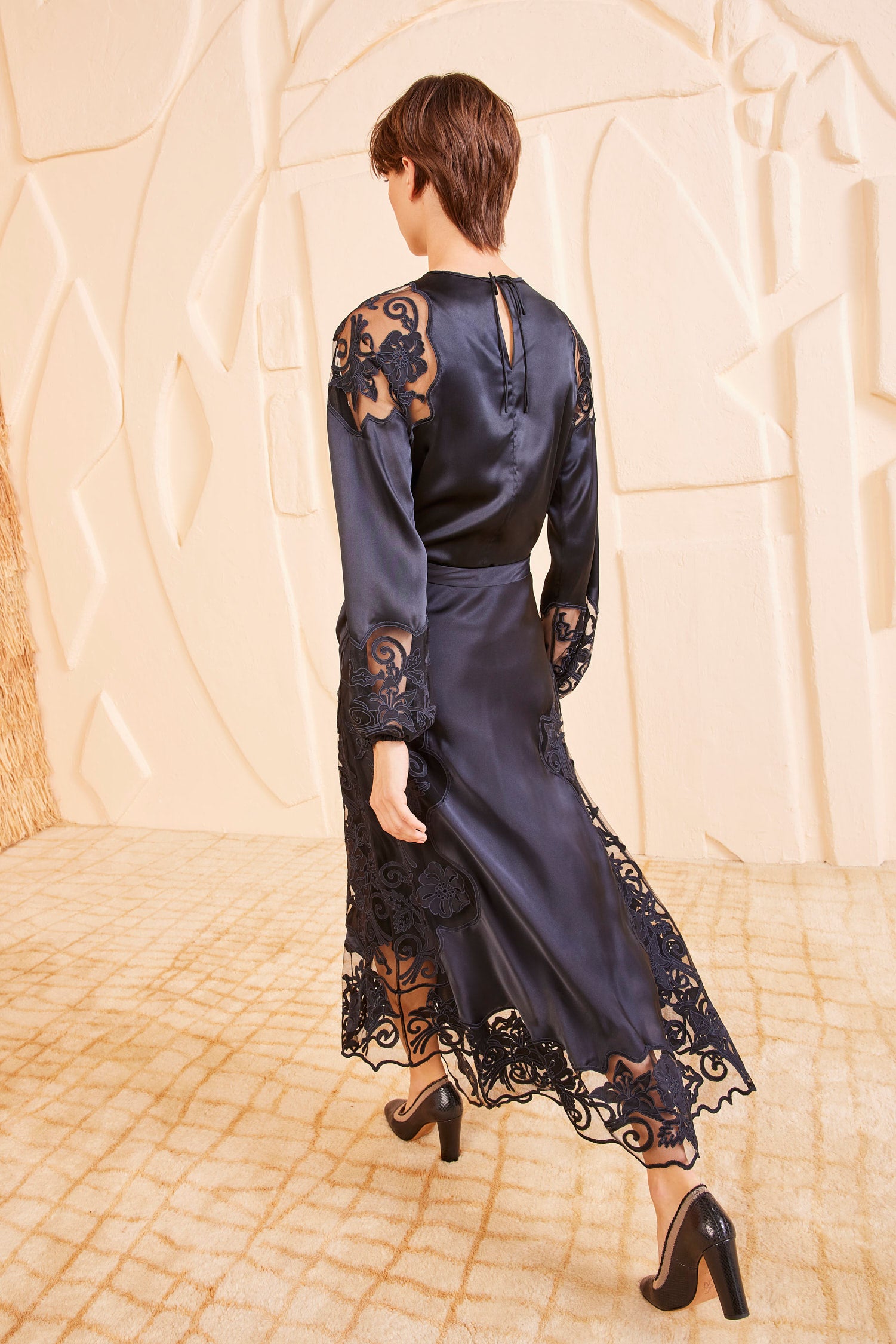 Cressida Skirt - Noir Black Silk Lace Midi Skirt - Ulla Johnson