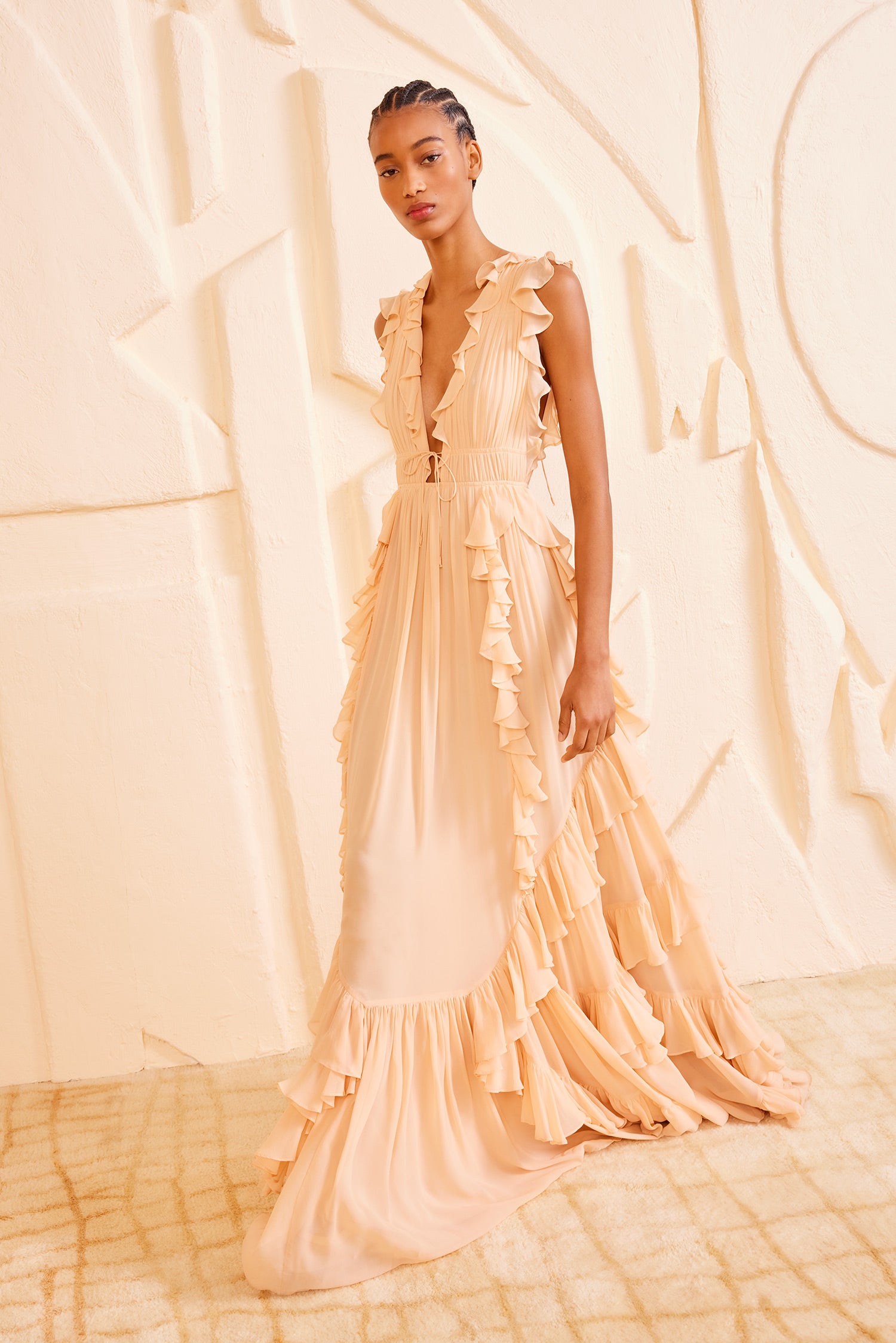 silk georgette dress Ulla Johnson | Women's Florella Wedding Guest Gown in Pink Printed Sleeveless Silk Gown with Ruffles