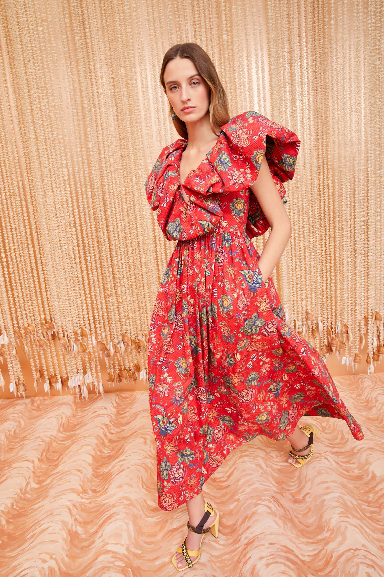 Francesca Dress - Hibiscus Red Floral Cotton V-Neckline Midi Dress