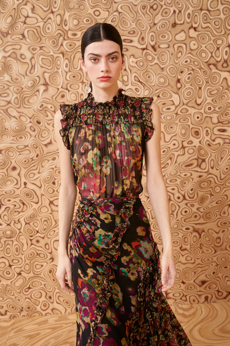 Georgina Top - Cosmic Black Floral Silk Top - Ulla Johnson