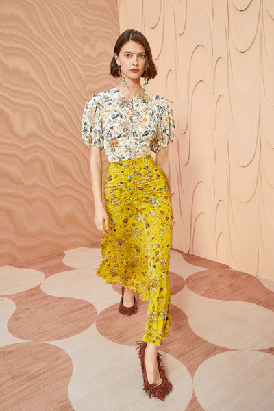 Imani Skirt - Mimosa Yellow Floral Silk Ruched Skirt - Ulla Johnson
