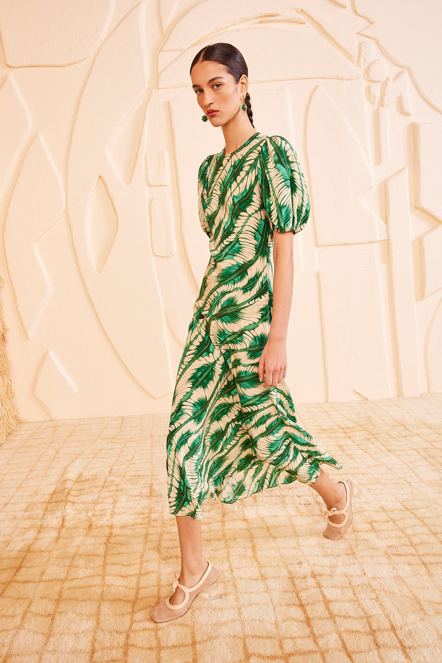 *Ulla Johnson* コットンシルクボイルワンピース ドレス Ines Dress - Acacia Green Puff Sleeves Print Silk Dress