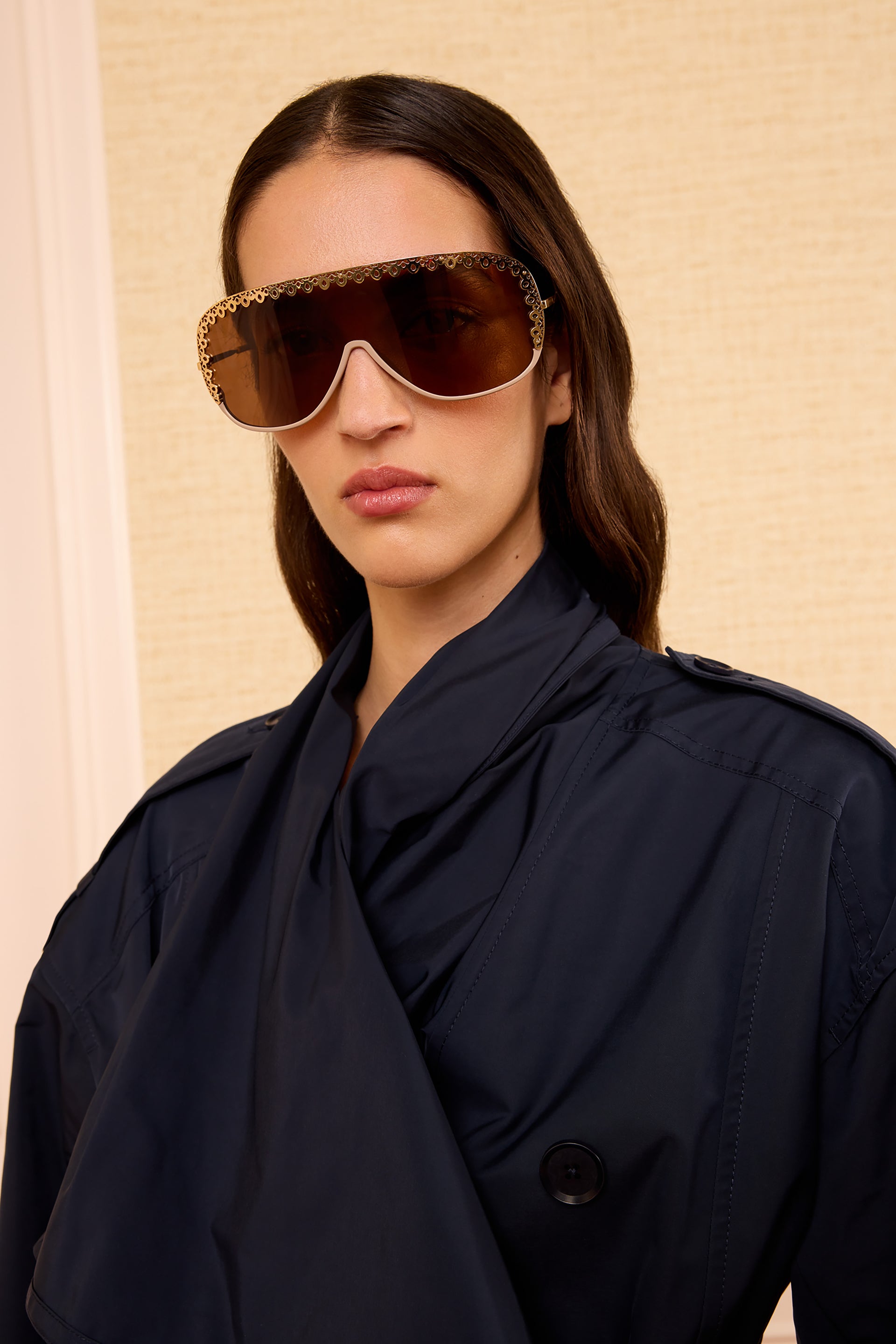 Ulla Johnson Lucien Fawn Shield Sunglasses with Ornate Gold Trim - On Model Front | Ulla Johnson