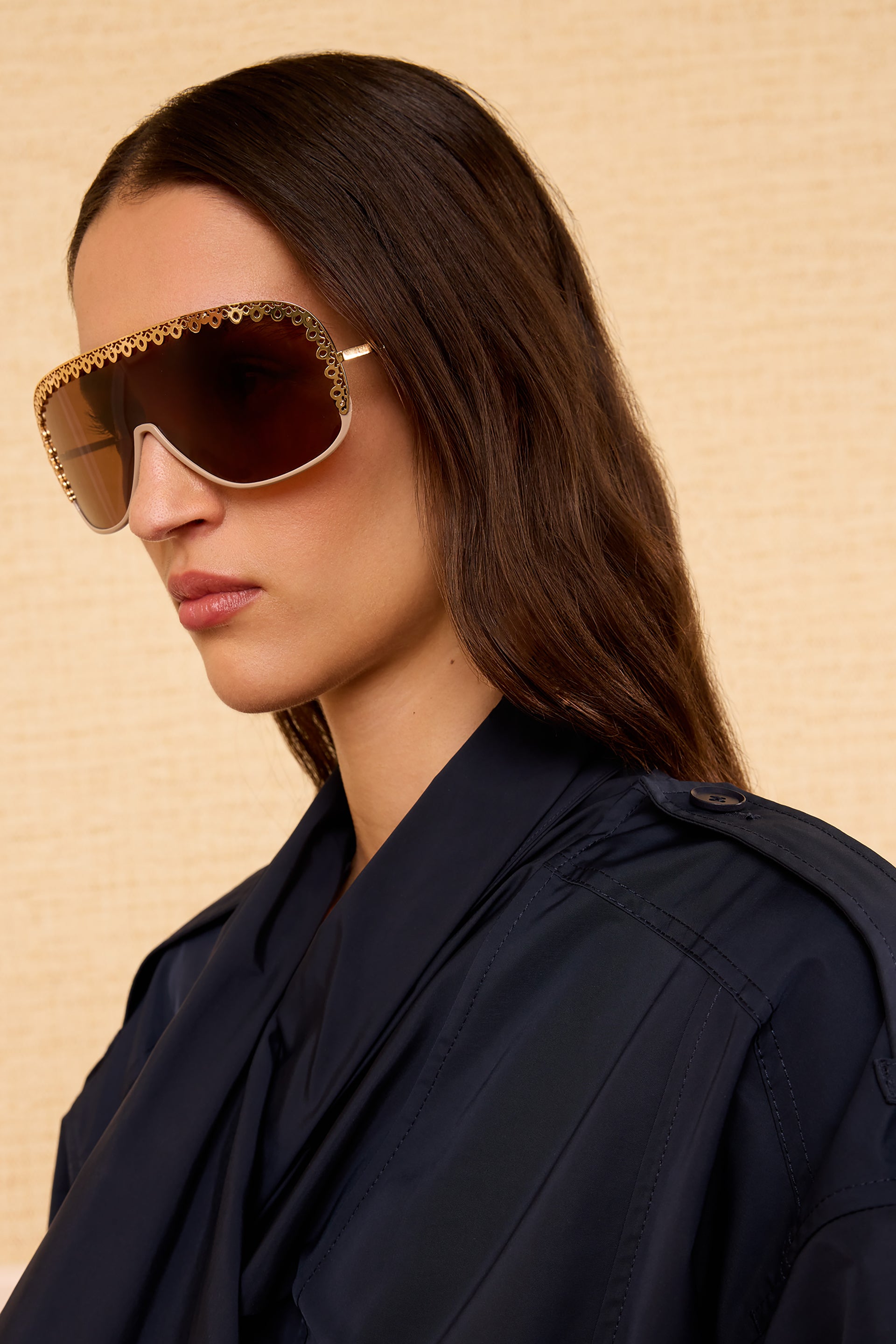 Ulla Johnson Lucien Fawn Luxury Designer Shield Sunglasses Gold Filigree Frame - On Model Side Profile | Ulla Johnson