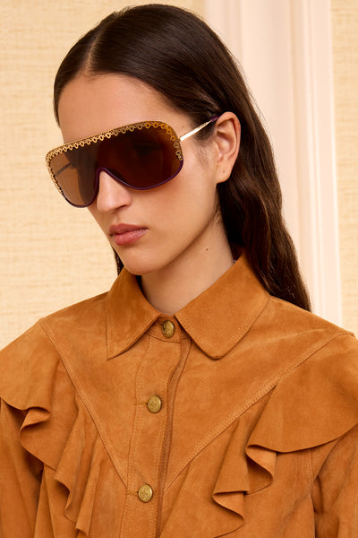 Lucien Plum Shield Sunglasses with Gold Ornate Frame On Model - Luxury Designer Eyewear | Ulla Johnson