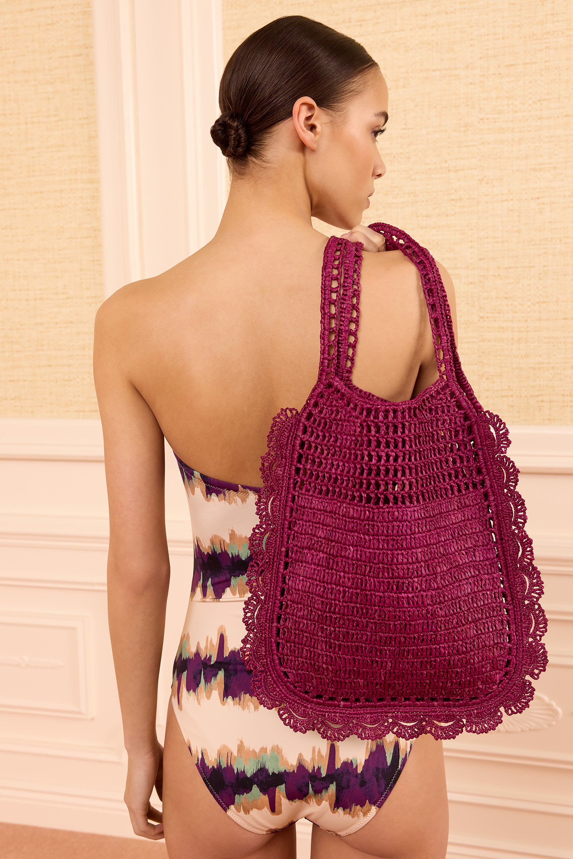 Ulla Johnson Orchid Hand-Crocheted Raffia Tote On Model, Back View with Scalloped Border | Ulla Johnson