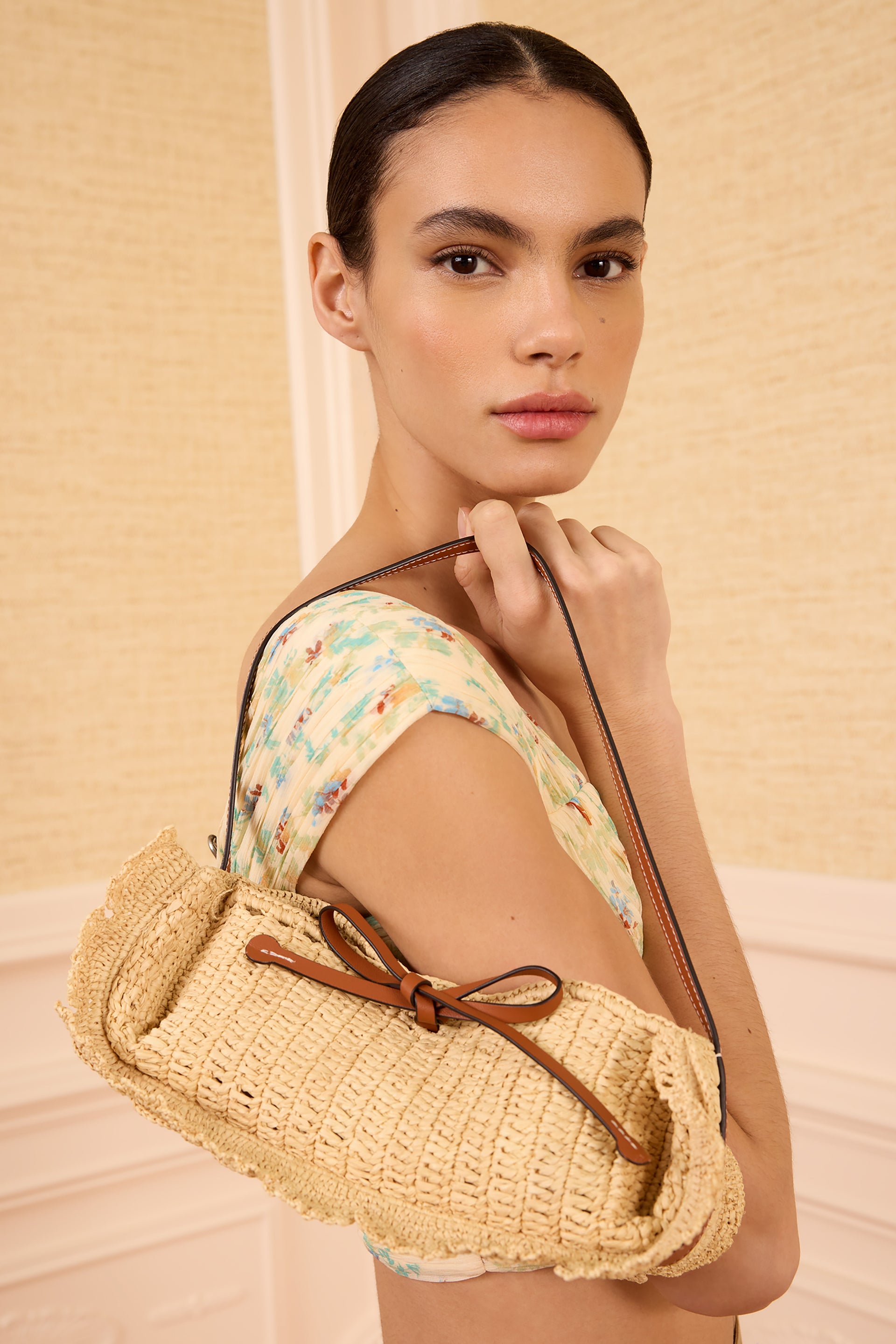 Ulla Johnson Model Wearing Natural Designer Raffia Scallop Pouchette on Shoulder - Side Profile | Ulla Johnson