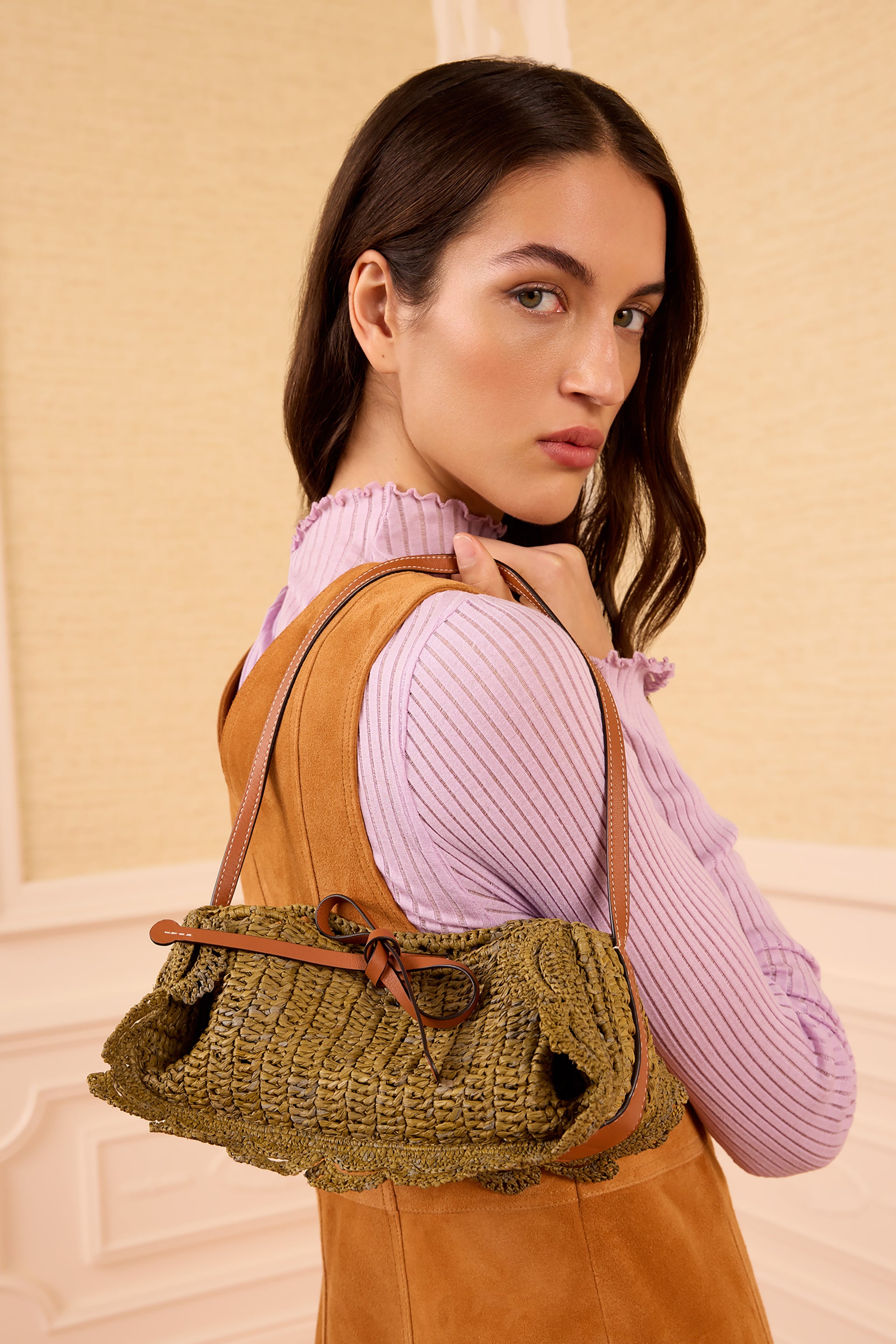 Ulla Johnson Olive Designer Raffia Scallop Pouchette On Model - Styled Shoulder Bag Look | Ulla Johnson